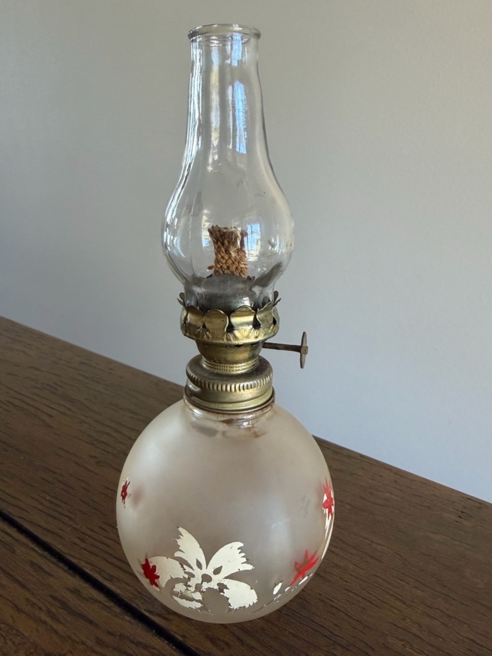 Victorian Antique Miniature Oil Lamp Hand Painted Florals on Frosted Cosmos Base